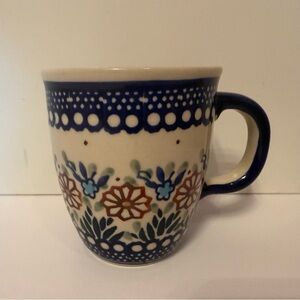 POLISH POTTERY MUG CUP BLUE WHITE GREEN BROWN FLORAL HANDMADE HOME DINING